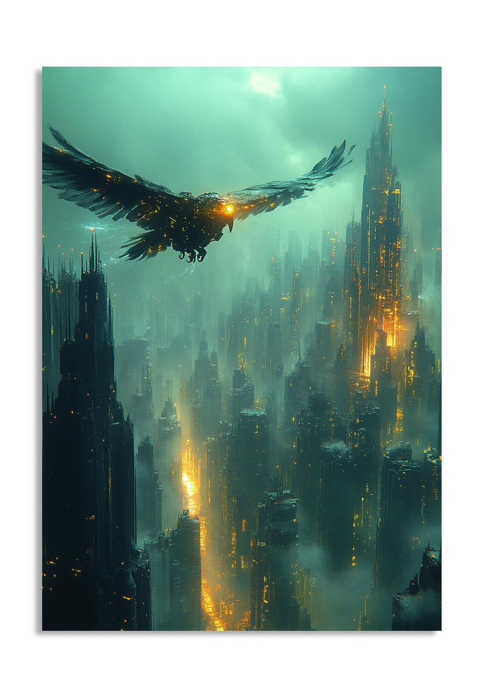 Futuristic cityscape with a large bird flying over it, as a premium aluminum metal print from GoMetalPrint.
