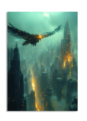 Futuristic cityscape with a large bird flying over it, as a premium aluminum metal print from GoMetalPrint.
