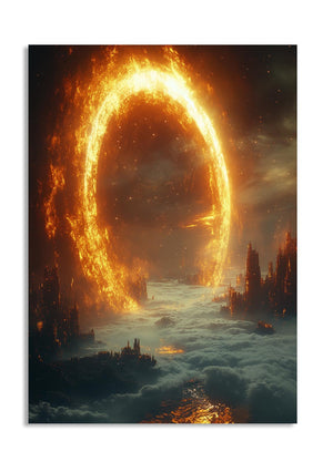 Majestic view of a fiery ring of light over a cityscape with clouds below, as a premium aluminum metal print from GoMetalPrint.
