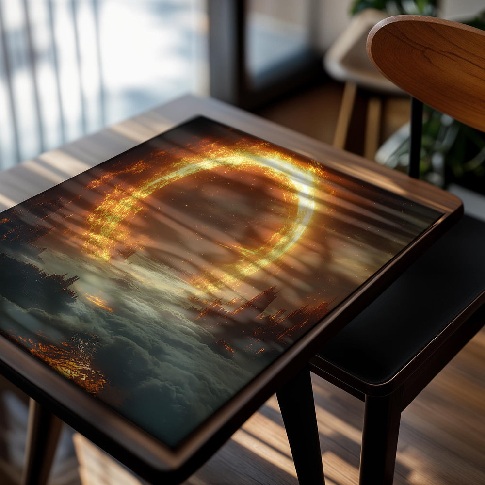 Majestic view of a fiery ring of light over a cityscape with clouds below, as a premium aluminum metal print from GoMetalPrint.
