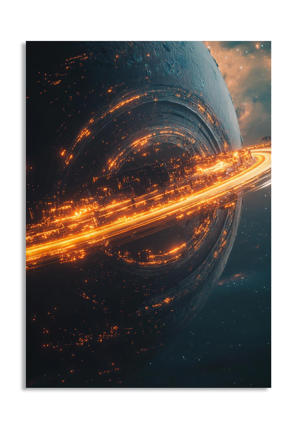 Artistic depiction of a planet with glowing city lights and a starry space background , as a premium aluminum metal print from GoMetalPrint.
