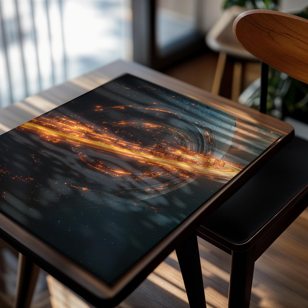 Artistic depiction of a planet with glowing city lights and a starry space background , as a premium aluminum metal print from GoMetalPrint.
