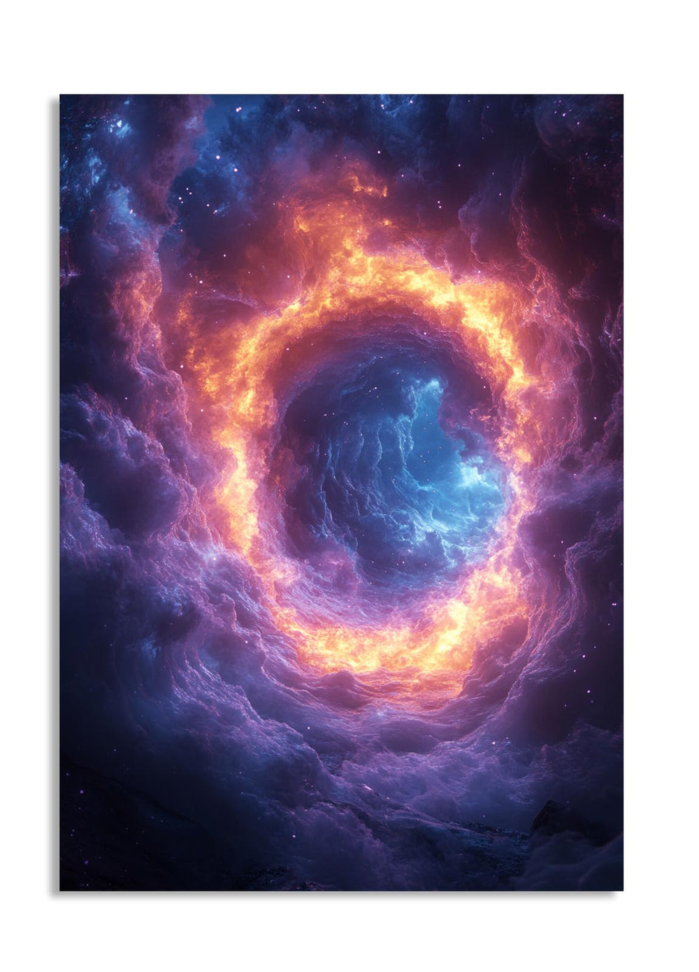 Spiral galaxy image with vibrant colors on a white background, as a premium aluminum metal print from GoMetalPrint.
