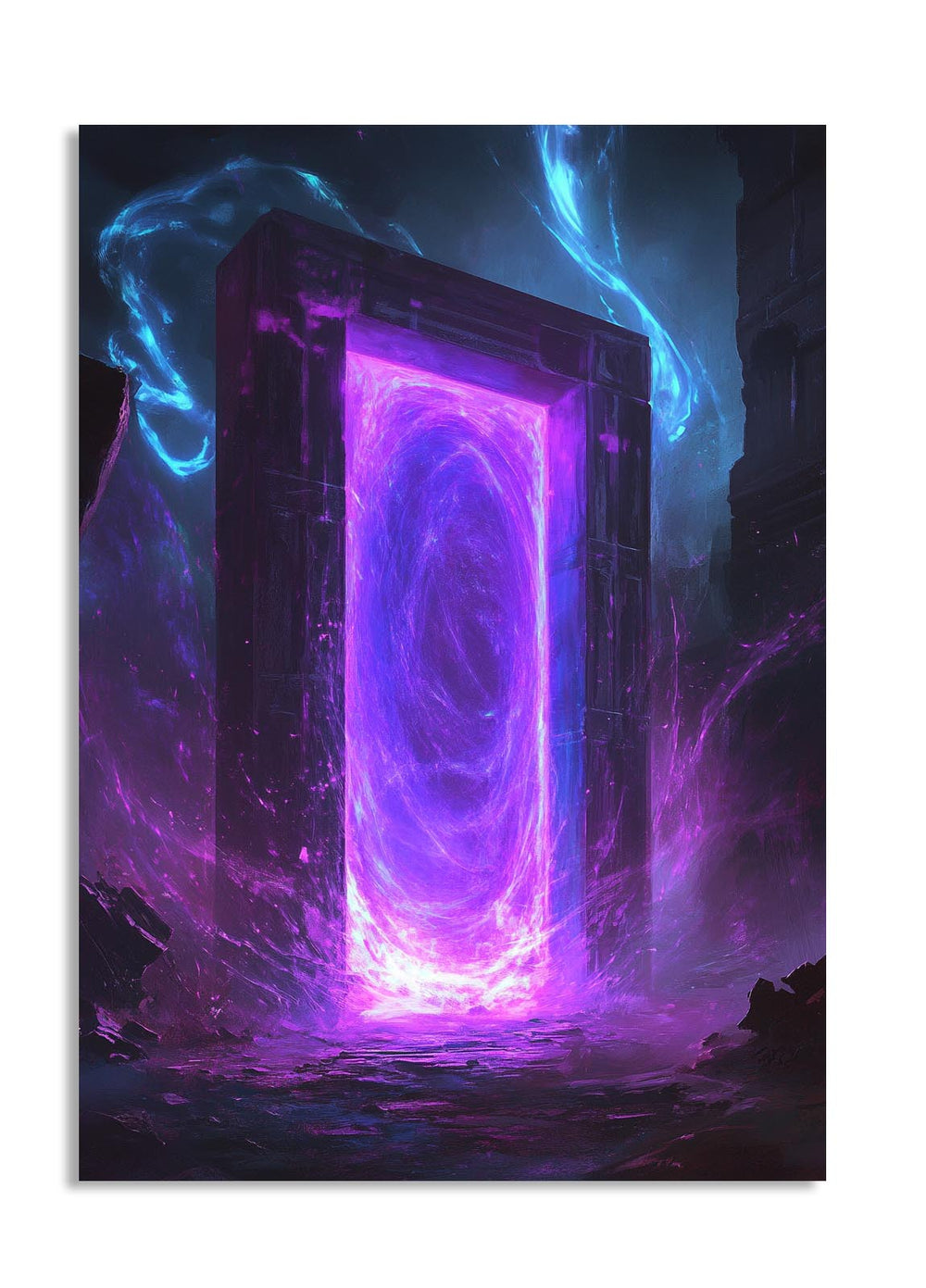 Magical portal with purple light and blue energy in a dark fantasy setting, as a premium aluminum metal print from GoMetalPrint.
