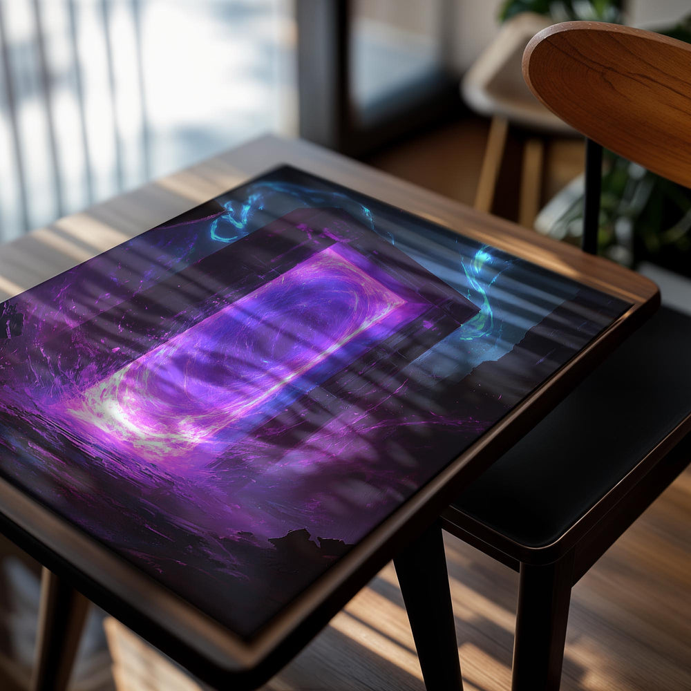 Magical portal with purple light and blue energy in a dark fantasy setting, as a premium aluminum metal print from GoMetalPrint.

