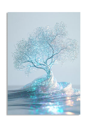 Blue tree emerging from water with a light blue background, as a premium aluminum metal print from GoMetalPrint.

