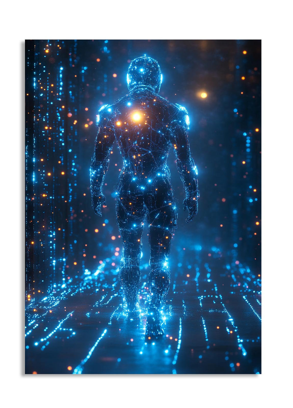 Artistic depiction of a humanoid figure made of glowing blue lines against a dark background with star-like dots, as a premium aluminum metal print from GoMetalPrint.
