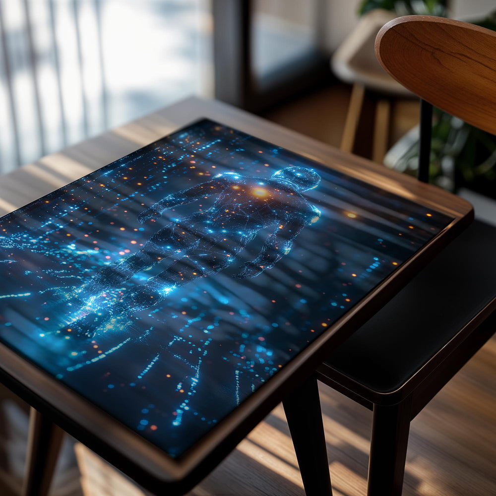 Artistic depiction of a humanoid figure made of glowing blue lines against a dark background with star-like dots, as a premium aluminum metal print from GoMetalPrint.
