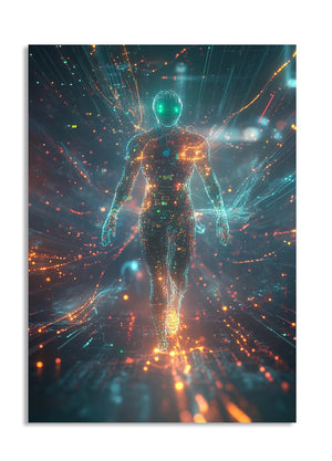 Artistic depiction of a humanoid figure with glowing green head and blue body against a starry space background, as a premium aluminum metal print from GoMetalPrint.
