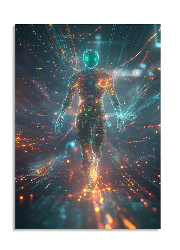 Artistic depiction of a humanoid figure with glowing green head and blue body against a starry space background, as a premium aluminum metal print from GoMetalPrint.
