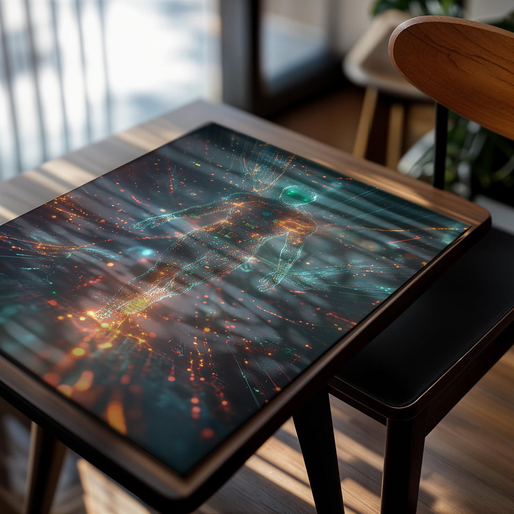 Artistic depiction of a humanoid figure with glowing green head and blue body against a starry space background, as a premium aluminum metal print from GoMetalPrint.
