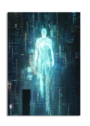 Digital art of a human figure composed of glowing blue lines on a dark background, as a premium aluminum metal print from GoMetalPrint.
