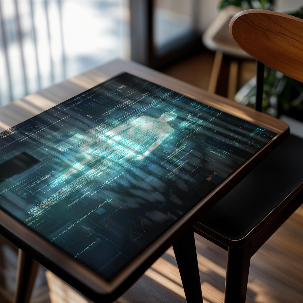 Digital art of a human figure composed of glowing blue lines on a dark background, as a premium aluminum metal print from GoMetalPrint.
