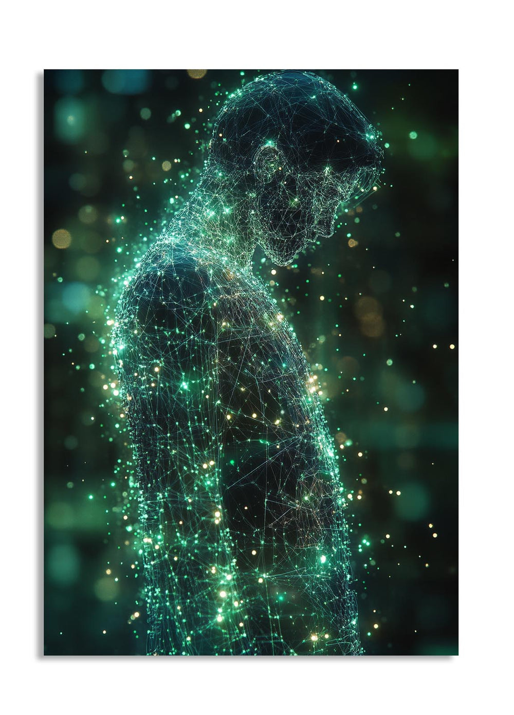 Artistic representation of a person with a network-like structure on a dark background, as a premium aluminum metal print from GoMetalPrint.
