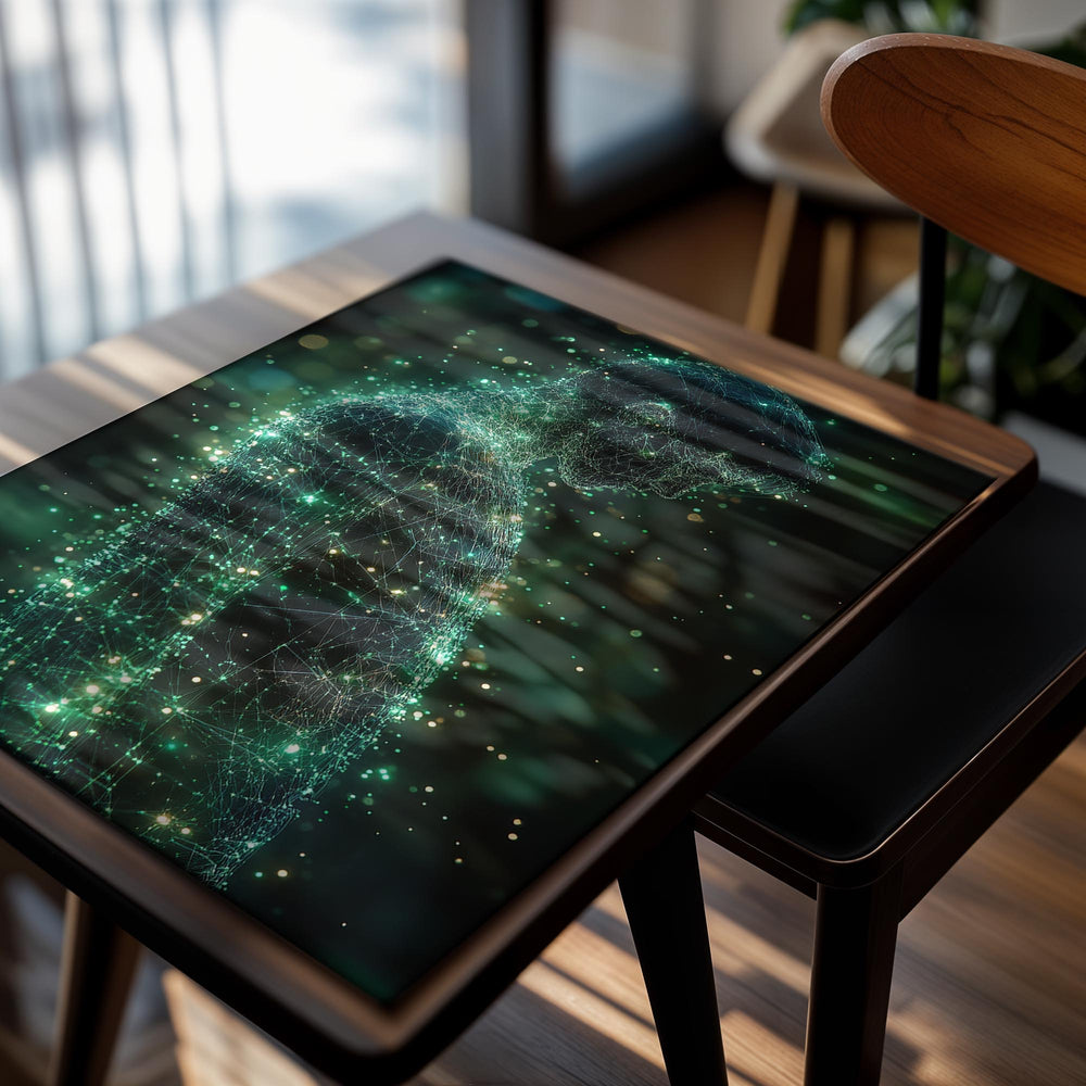 Artistic representation of a person with a network-like structure on a dark background, as a premium aluminum metal print from GoMetalPrint.
