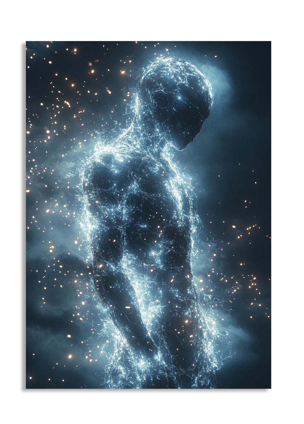 Artistic depiction of a human figure surrounded by star-like particles against a dark background, as a premium aluminum metal print from GoMetalPrint.

