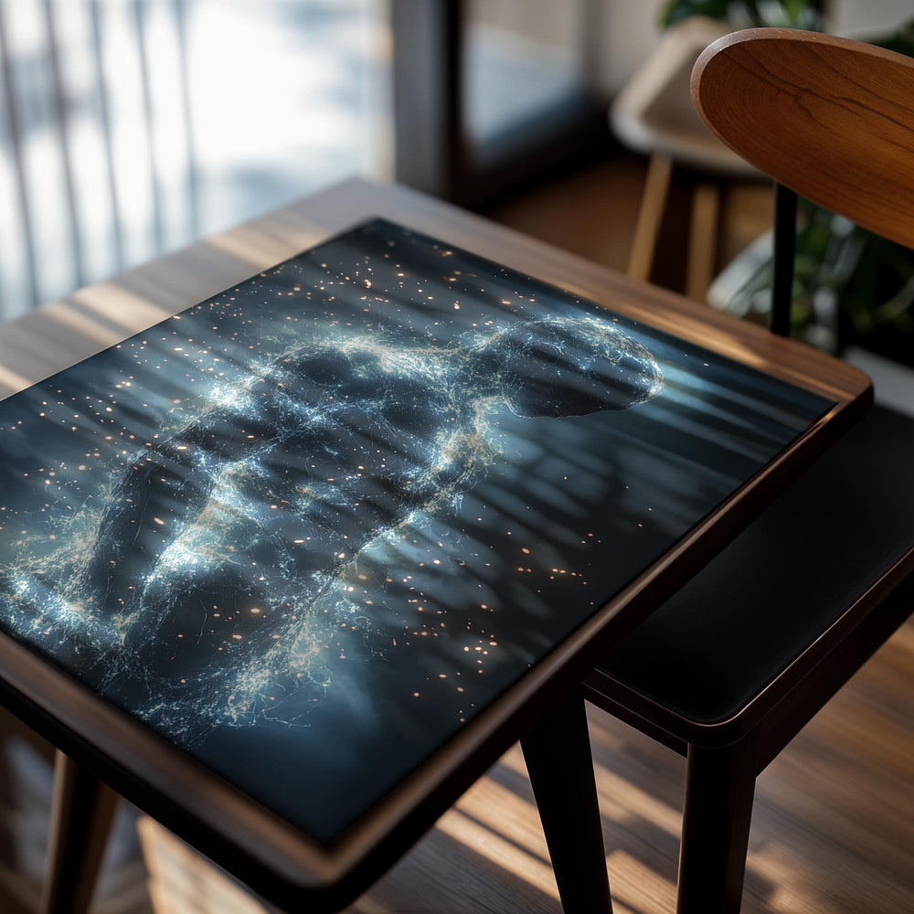 Artistic depiction of a human figure surrounded by star-like particles against a dark background, as a premium aluminum metal print from GoMetalPrint.
