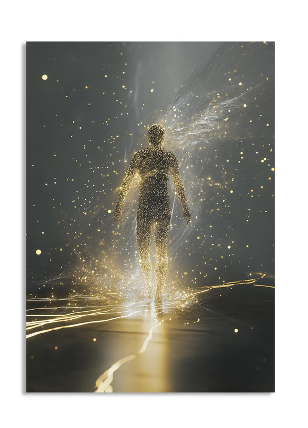 Artistic depiction of a person surrounded by glowing particles on a dark background , as a premium aluminum metal print from GoMetalPrint.
