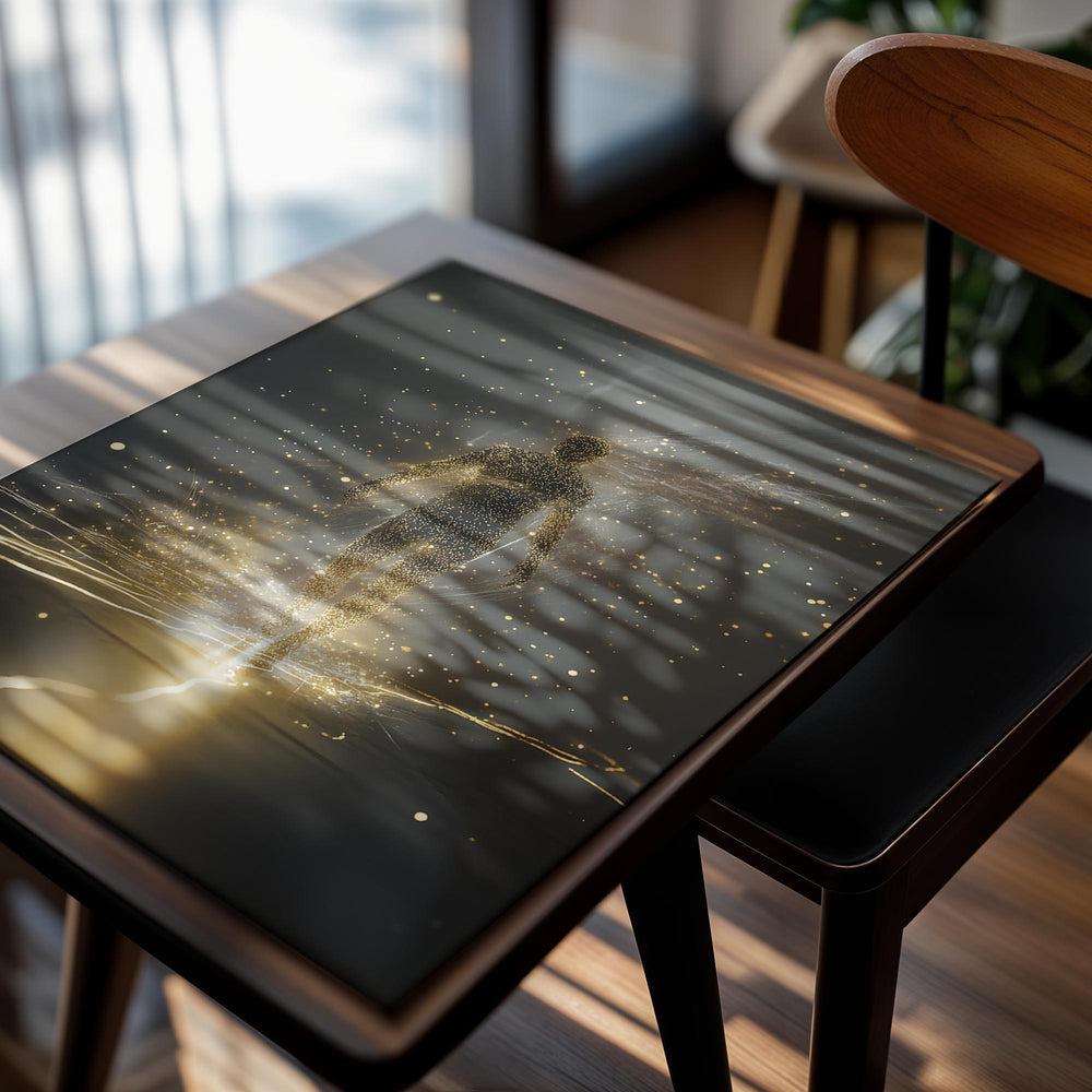 Artistic depiction of a person surrounded by glowing particles on a dark background , as a premium aluminum metal print from GoMetalPrint.
