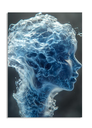 Abstract blue and white sculpture of a face on a dark background, as a premium aluminum metal print from GoMetalPrint.
