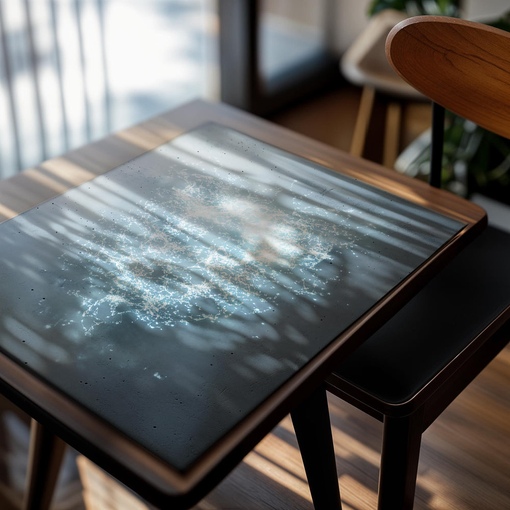 Abstract design of a blue light pattern on a gray background, as a premium aluminum metal print from GoMetalPrint.
