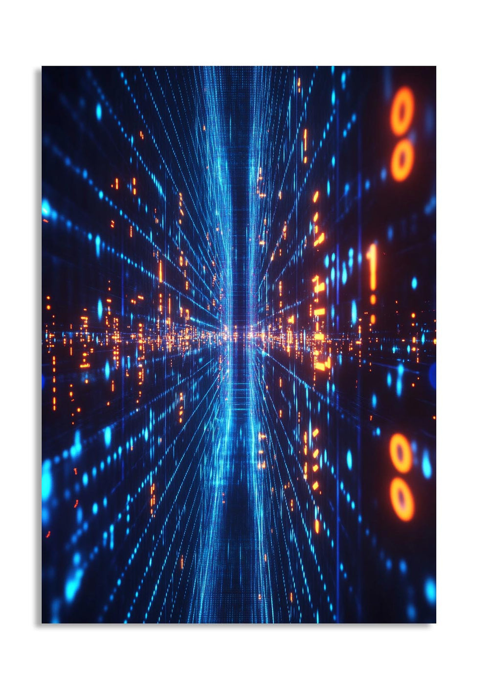 Digital art of a futuristic tunnel with blue and orange lights, as a premium aluminum metal print from GoMetalPrint.
