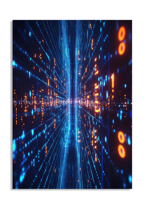 Digital art of a futuristic tunnel with blue and orange lights, as a premium aluminum metal print from GoMetalPrint.
