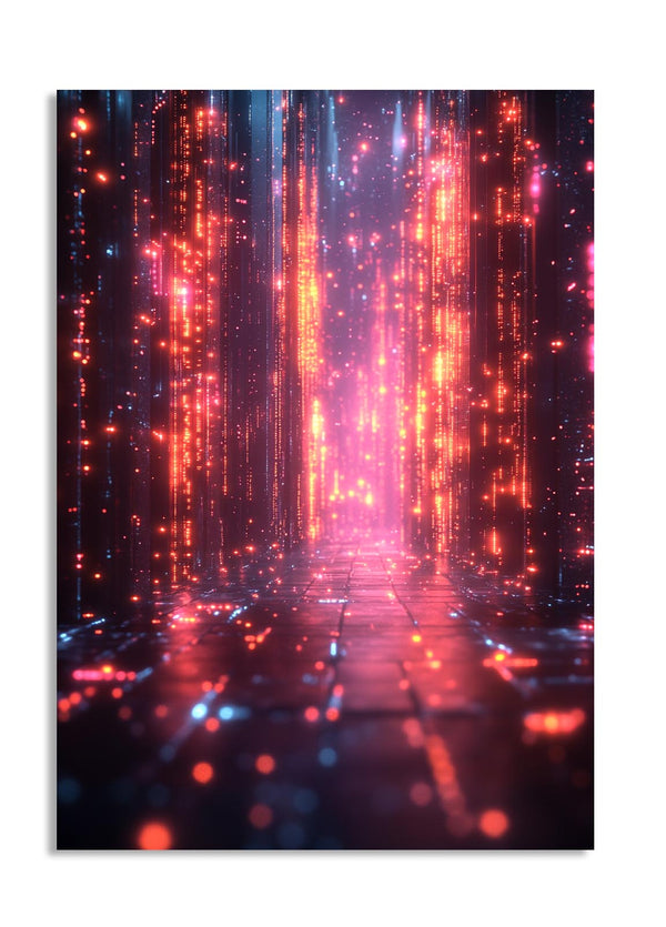 Futuristic digital tunnel with red and blue lights on a white background, as a premium aluminum metal print from GoMetalPrint.
