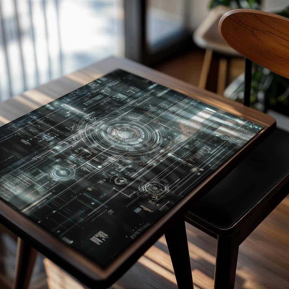 Abstract digital design with geometric patterns on a black background, as a premium aluminum metal print from GoMetalPrint.
