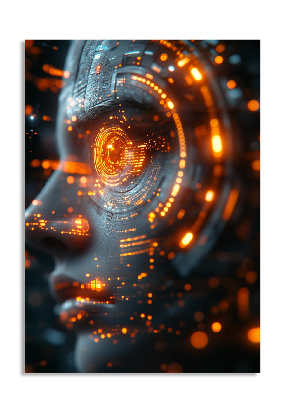 Artistic representation of a human head with digital circuitry, glowing with orange and yellow lights, as a premium aluminum metal print from GoMetalPrint.
