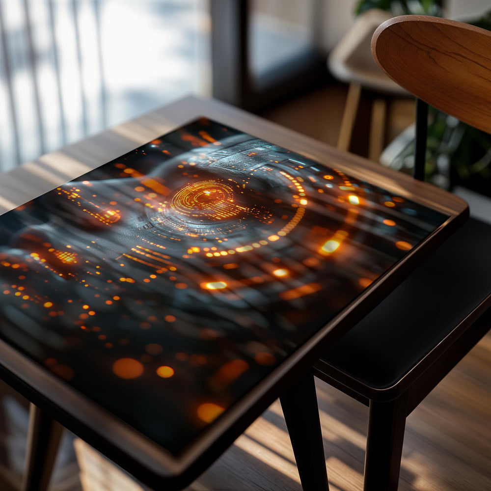 Artistic representation of a human head with digital circuitry, glowing with orange and yellow lights, as a premium aluminum metal print from GoMetalPrint.
