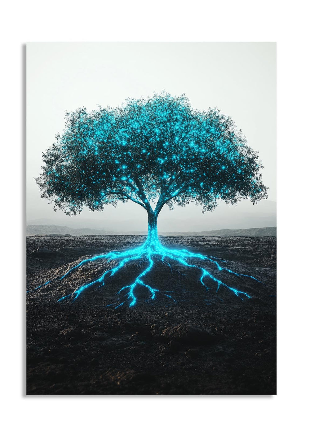 Tree with blue roots on a white background, as a premium aluminum metal print from GoMetalPrint.
