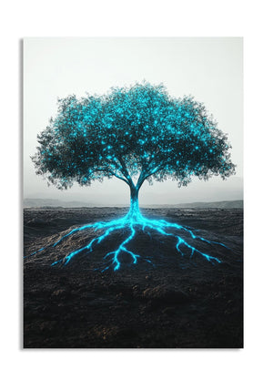 Tree with blue roots on a white background, as a premium aluminum metal print from GoMetalPrint.
