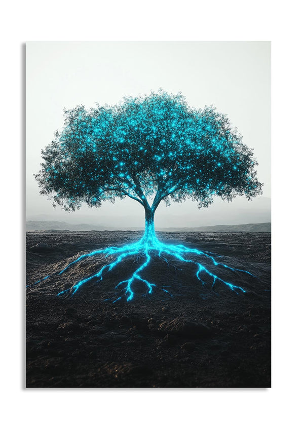 Tree with blue roots on a white background, as a premium aluminum metal print from GoMetalPrint.
