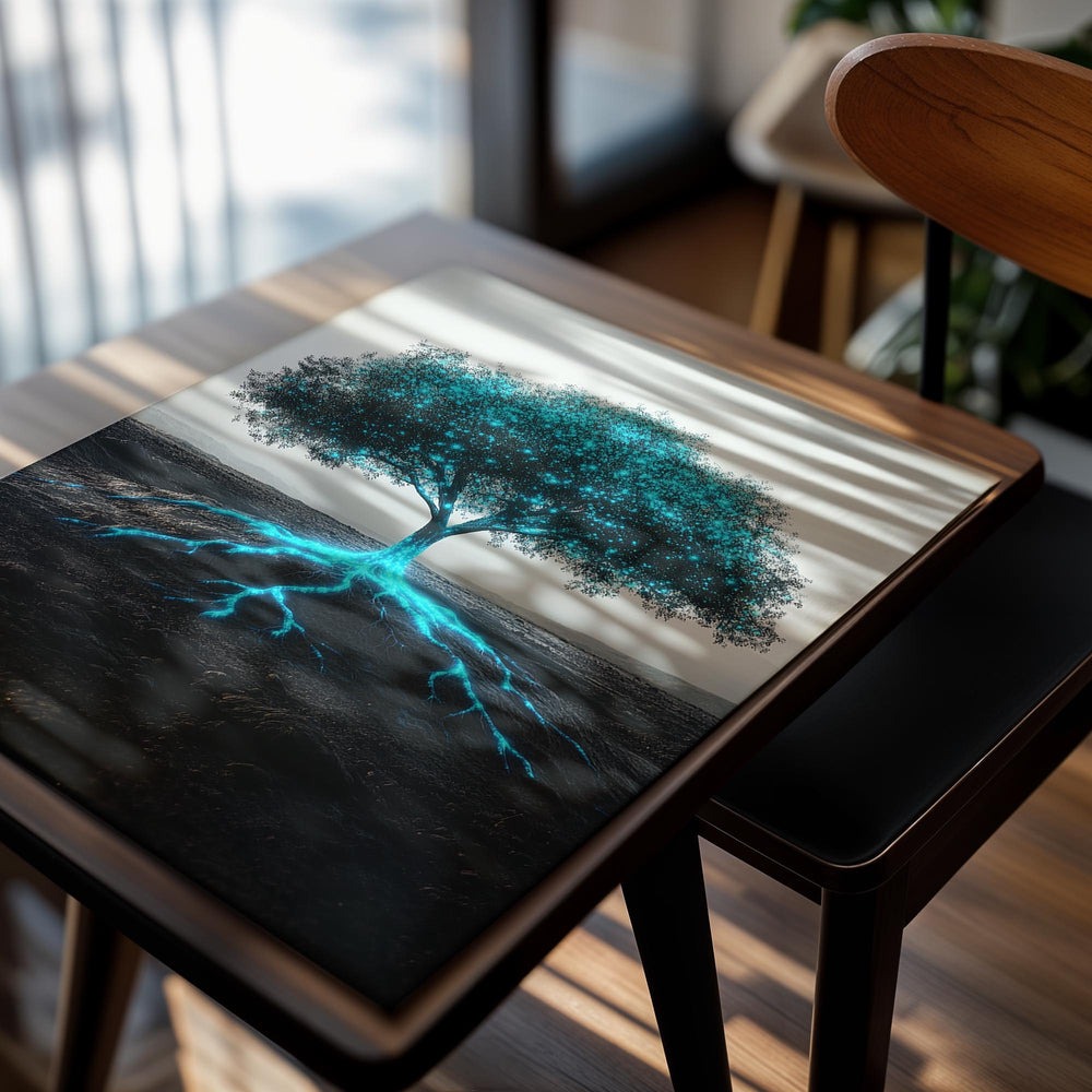 Tree with blue roots on a white background, as a premium aluminum metal print from GoMetalPrint.
