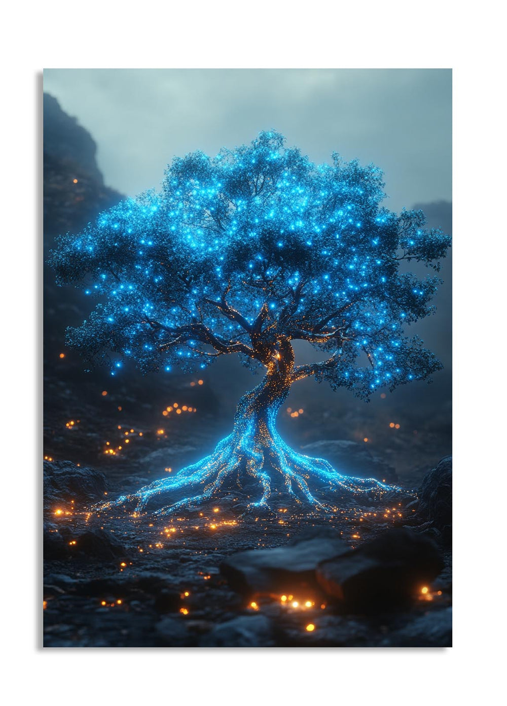 Mystical tree with blue glowing lights against a dark background, as a premium aluminum metal print from GoMetalPrint.
