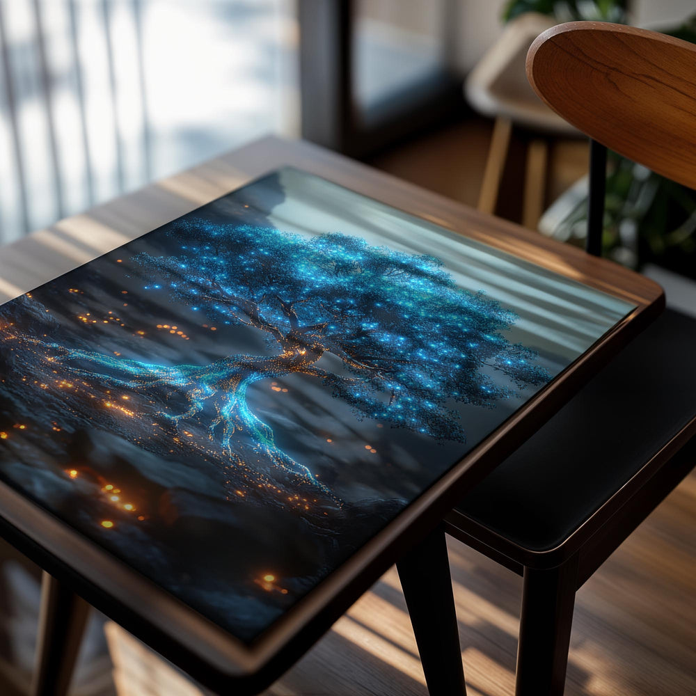 Mystical tree with blue glowing lights against a dark background, as a premium aluminum metal print from GoMetalPrint.
