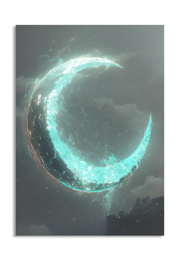 Artistic depiction of a glowing crescent moon against a dark sky, as a premium aluminum metal print from GoMetalPrint.
