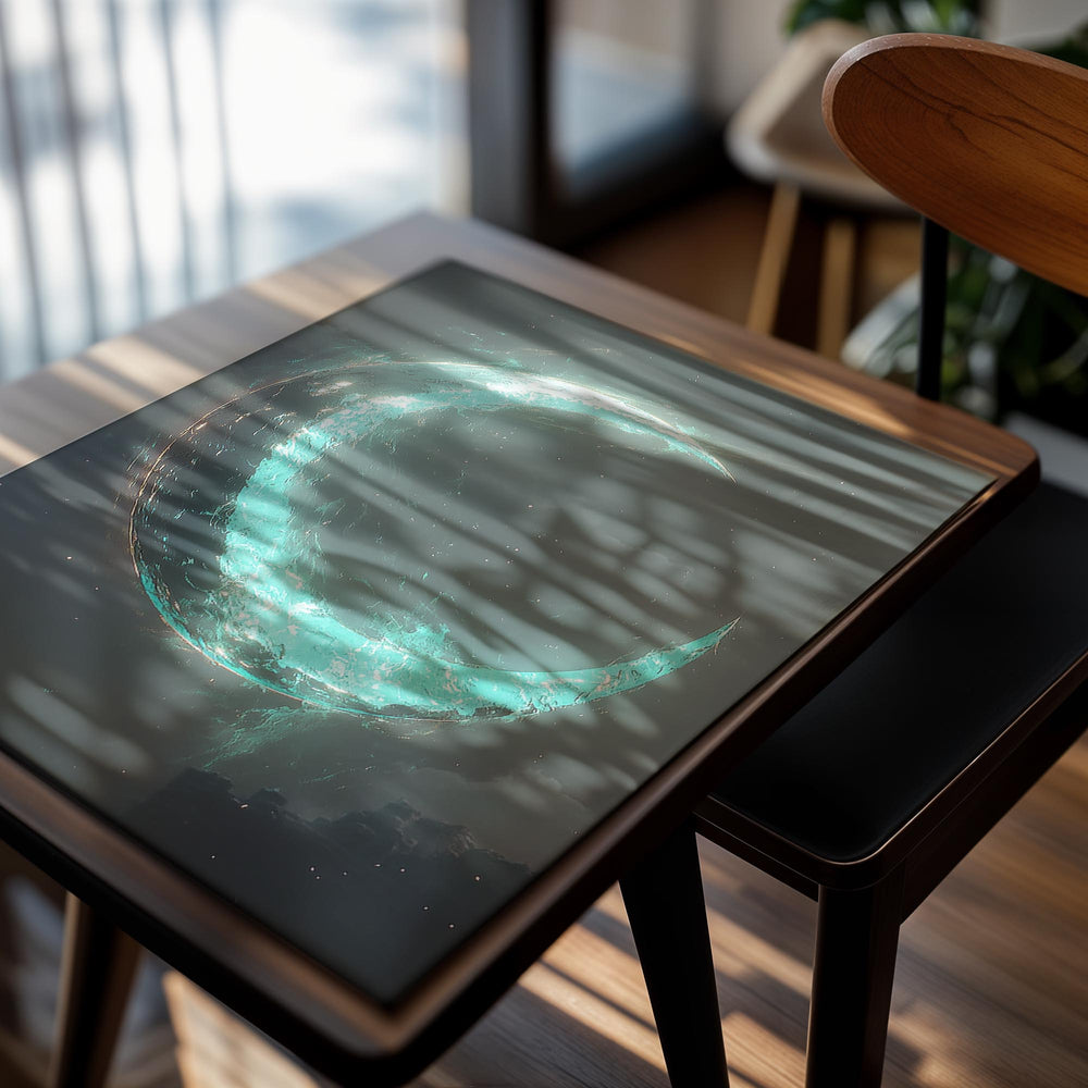 Artistic depiction of a glowing crescent moon against a dark sky, as a premium aluminum metal print from GoMetalPrint.
