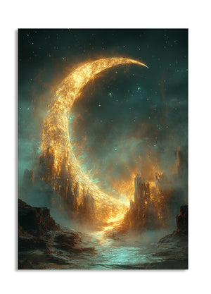 Majestic celestial scene with a glowing crescent moon over a rugged landscape, as a premium aluminum metal print from GoMetalPrint.
