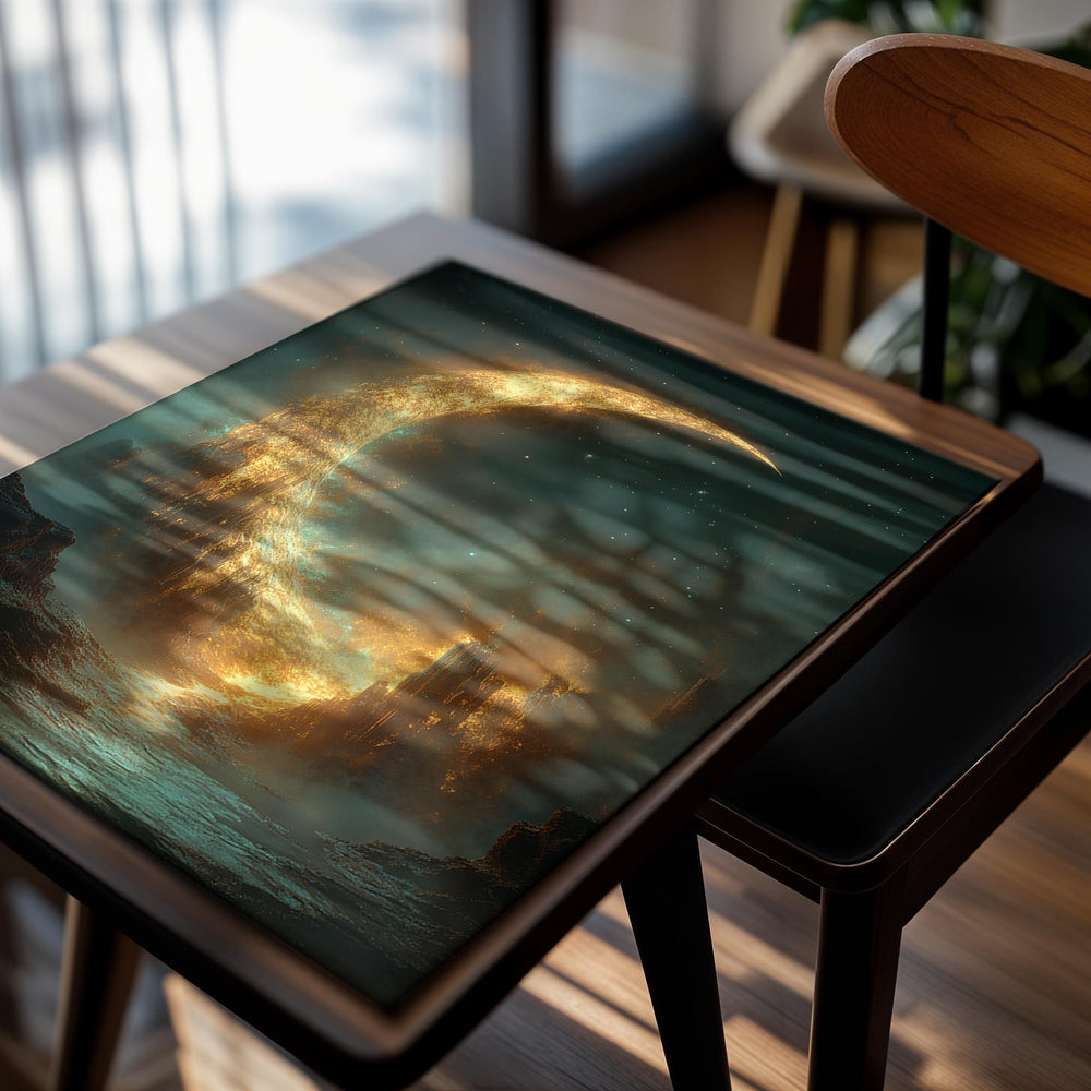 Majestic celestial scene with a glowing crescent moon over a rugged landscape, as a premium aluminum metal print from GoMetalPrint.
