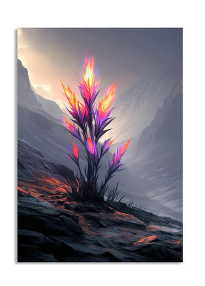 Colorful plant-like creature on a rocky landscape with a sunset sky, as a premium aluminum metal print from GoMetalPrint.
