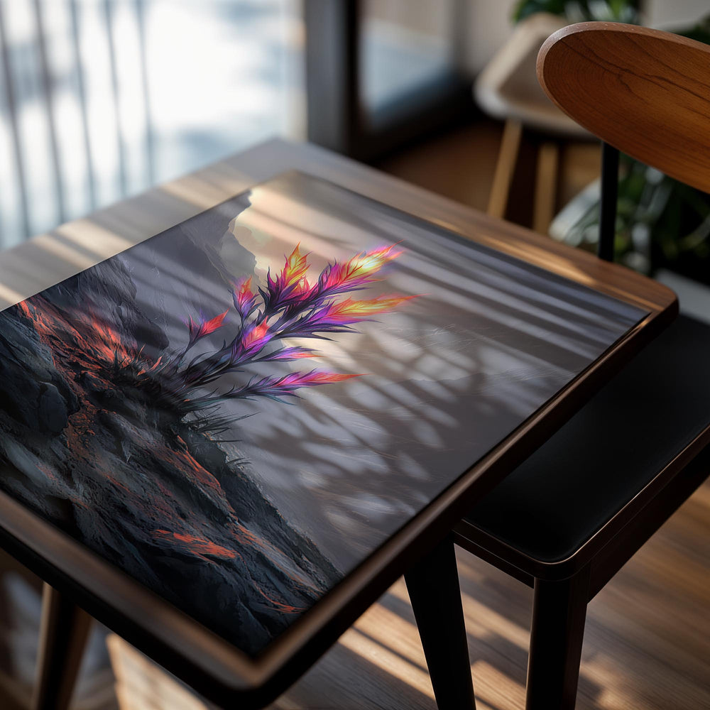 Colorful plant-like creature on a rocky landscape with a sunset sky, as a premium aluminum metal print from GoMetalPrint.
