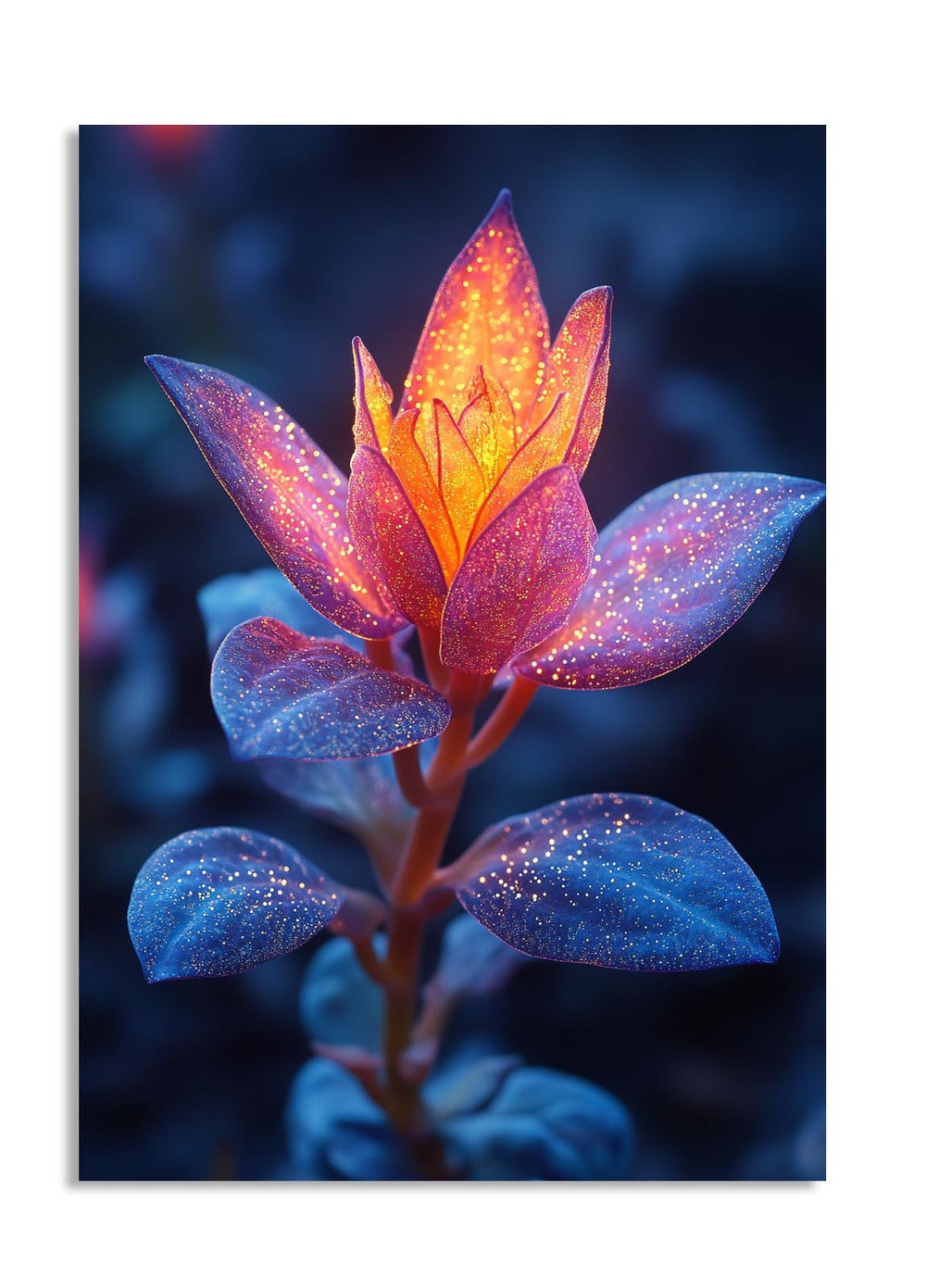 Frost-covered plant leaves with a glowing orange center on a dark background, as a premium aluminum metal print from GoMetalPrint.
