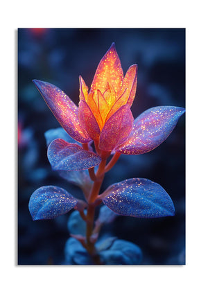 Frost-covered plant leaves with a glowing orange center on a dark background, as a premium aluminum metal print from GoMetalPrint.
