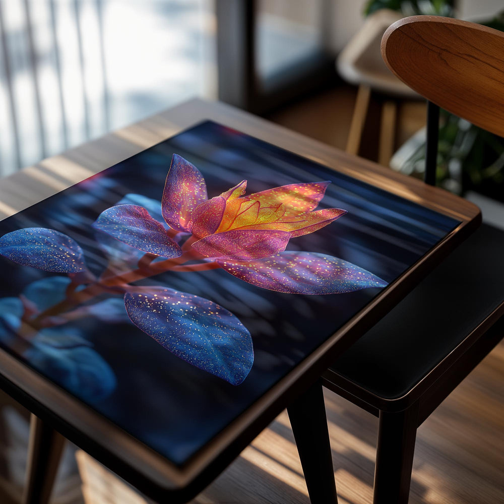 Frost-covered plant leaves with a glowing orange center on a dark background, as a premium aluminum metal print from GoMetalPrint.
