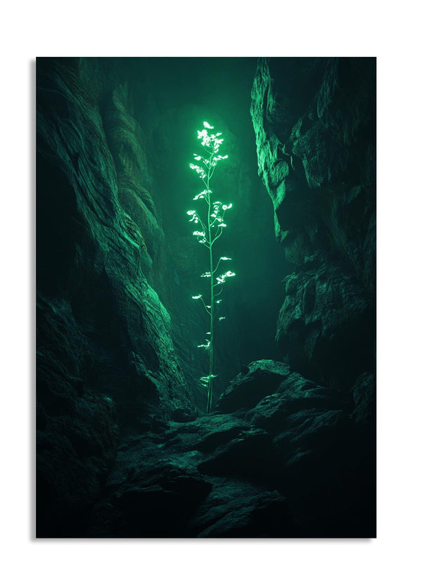 Luminous plant in a dark, rocky cave, as a premium aluminum metal print from GoMetalPrint.
