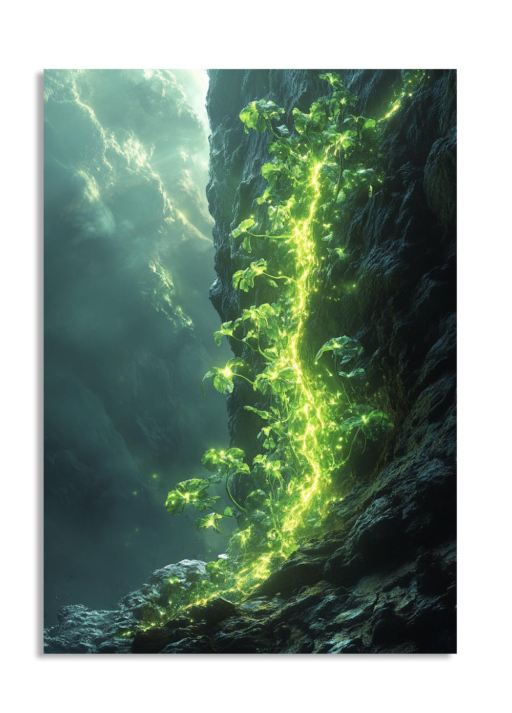Close-up of a rock face with green algae or lichen growth, as a premium aluminum metal print from GoMetalPrint.
