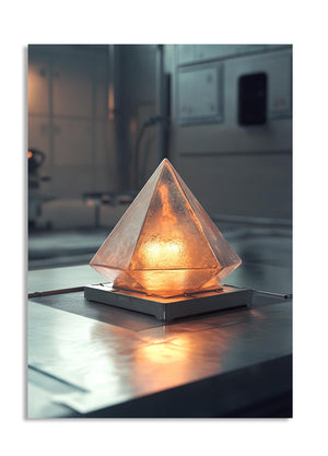 Pyramid-shaped lamp on a reflective surface with a blurred background, as a premium aluminum metal print from GoMetalPrint.
