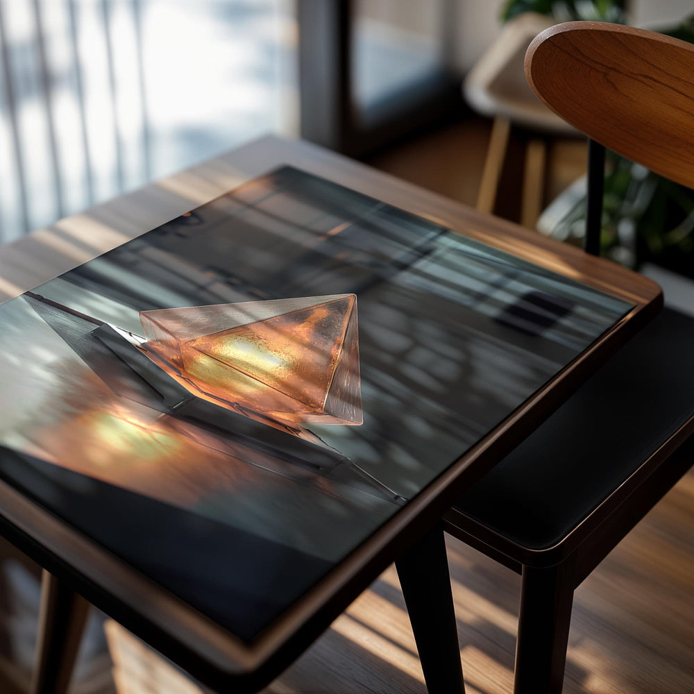 Pyramid-shaped lamp on a reflective surface with a blurred background, as a premium aluminum metal print from GoMetalPrint.
